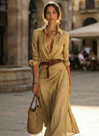 Khaki Women's Winter Maxi Dress with Wrap Neckline & Relaxed Fit — Riley