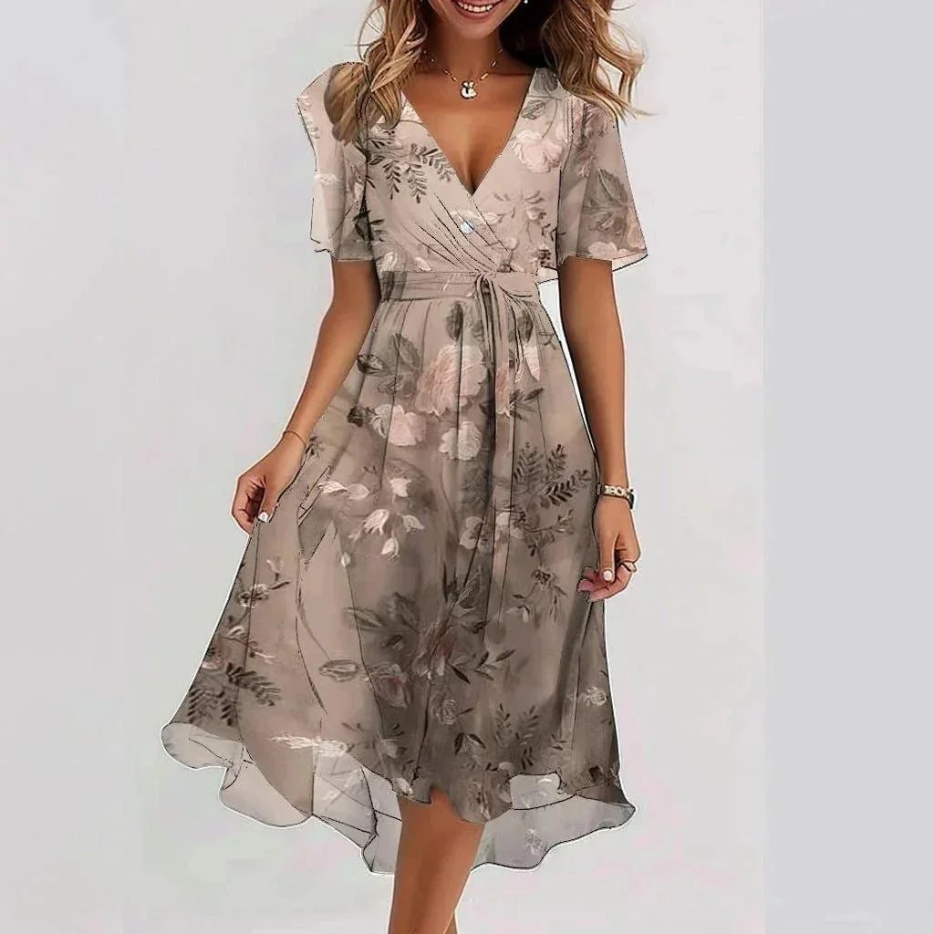 Beige Women's Fall Wedding Guest Midi Dress with Wrap V-Neck & Flutter Sleeves — Tamsin