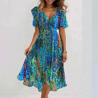 Blue Women's Fall Wedding Guest Midi Dress with Wrap V-Neck & Flutter Sleeves — Tamsin