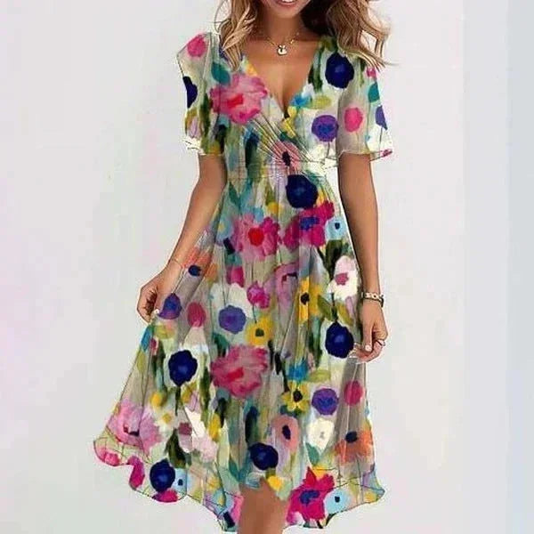 Floral Women's Fall Wedding Guest Midi Dress with Wrap V-Neck & Flutter Sleeves — Tamsin