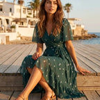 Green Women's Fall Wedding Guest Midi Dress with Wrap V-Neck & Flutter Sleeves — Tamsin - Side Pose