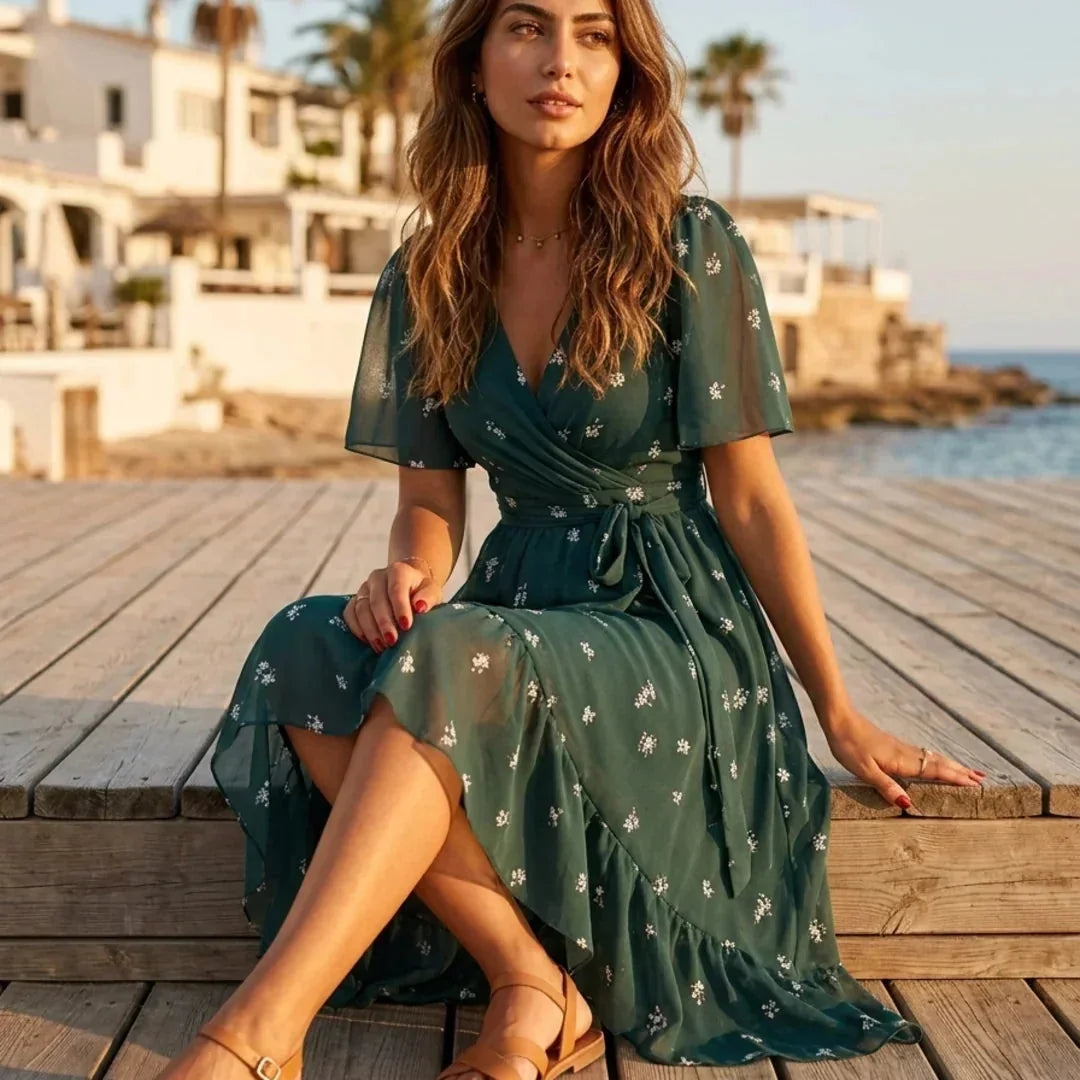 Green Women's Fall Wedding Guest Midi Dress with Wrap V-Neck & Flutter Sleeves — Tamsin - Side Pose
