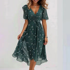 Green Women's Fall Wedding Guest Midi Dress with Wrap V-Neck & Flutter Sleeves — Tamsin - Studio Front