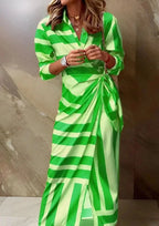 Green Women's Striped Wrap Dress with Long Sleeves & Draped Tie Waist