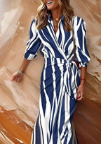 Women's Striped Wrap Dress with Long Sleeves & Draped Tie Waist - Close Up Street Pose