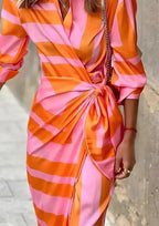 Women's Striped Wrap Dress with Long Sleeves & Draped Tie Waist - Pink Close Up Waist Detail