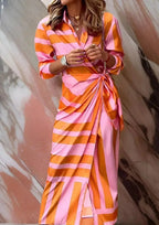 Orange Pink Women's Striped Wrap Dress with Long Sleeves & Draped Tie Waist - Front Full
