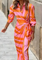 Women's Striped Wrap Dress with Long Sleeves & Draped Tie Waist - Pink Outdoor Walking