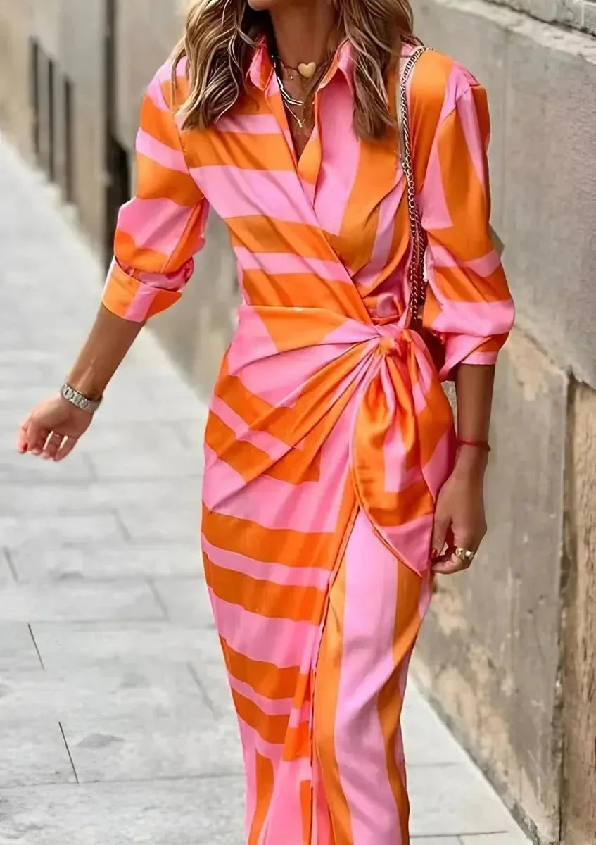 Women's Striped Wrap Dress with Long Sleeves & Draped Tie Waist - Pink Outdoor Walking