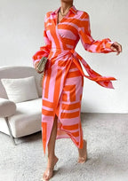 Women's Striped Wrap Dress with Long Sleeves & Draped Tie Waist