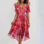 Pink Women's Fall Wedding Guest Midi Dress with Wrap V-Neck & Flutter Sleeves — Tamsin