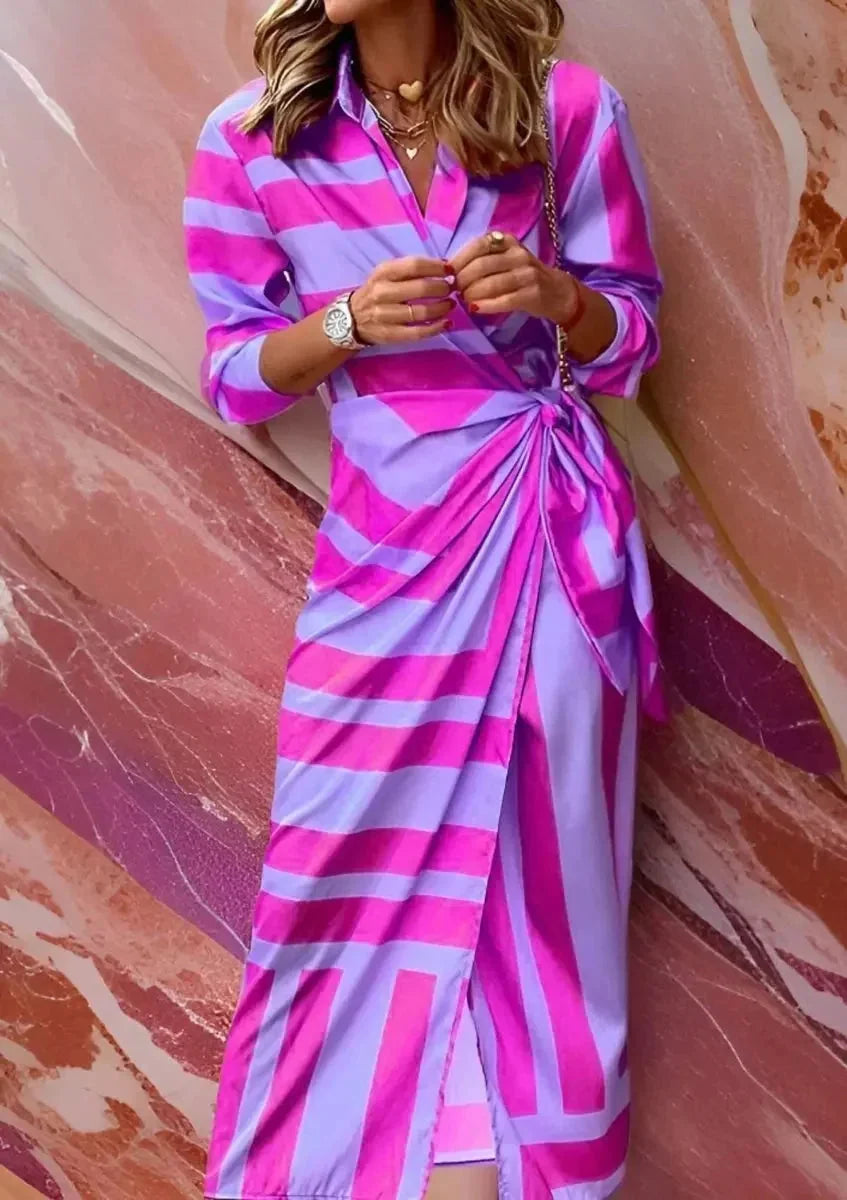 Purple Women's Striped Wrap Dress with Long Sleeves & Draped Tie Waist