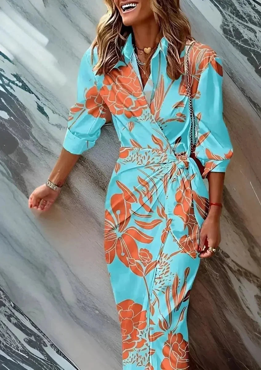 Turquoise Women's Striped Wrap Dress with Long Sleeves & Draped Tie Waist