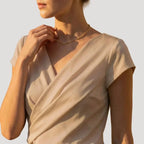 Khaki Women's Satin Wrap Blouse with Draped V-Neck & Cap Sleeves — Winifred - Close Up Neckline