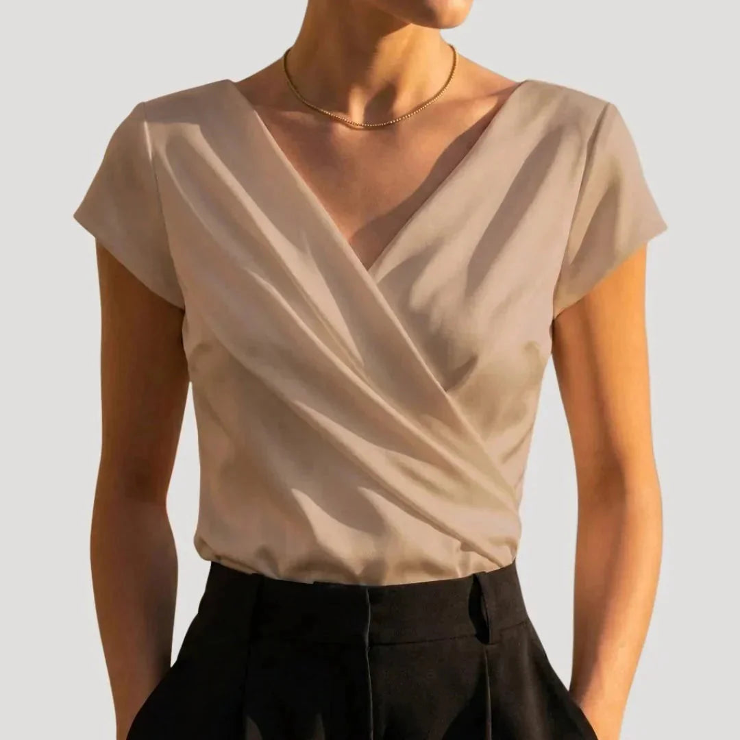 Khaki Women's Wrap Blouse with Draped V-Neck & Satin Finish