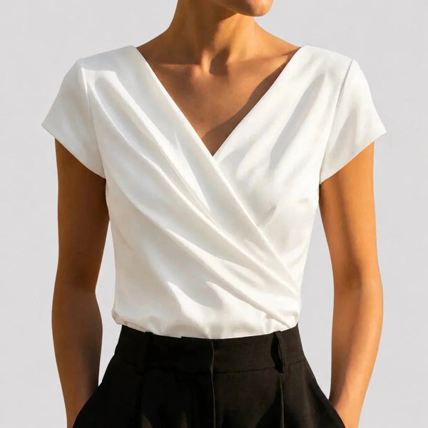 White Women's Wrap Blouse with Draped V-Neck & Satin Finish - Front Full