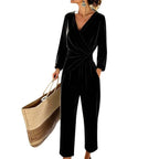 Women's Velvet Jumpsuit with Wrap Top & Wide Ankle-Length Leg - Studio White