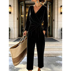 Black Women's Velvet Jumpsuit with Wrap Top & Wide Ankle-Length Leg