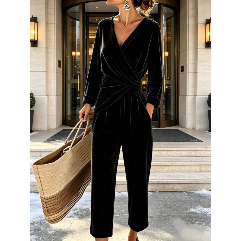 Black Women's Velvet Jumpsuit with Wrap Top & Wide Ankle-Length Leg