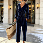Dark Blue Women's Velvet Jumpsuit with Wrap Top & Wide Ankle-Length Leg — Marielle - Front View