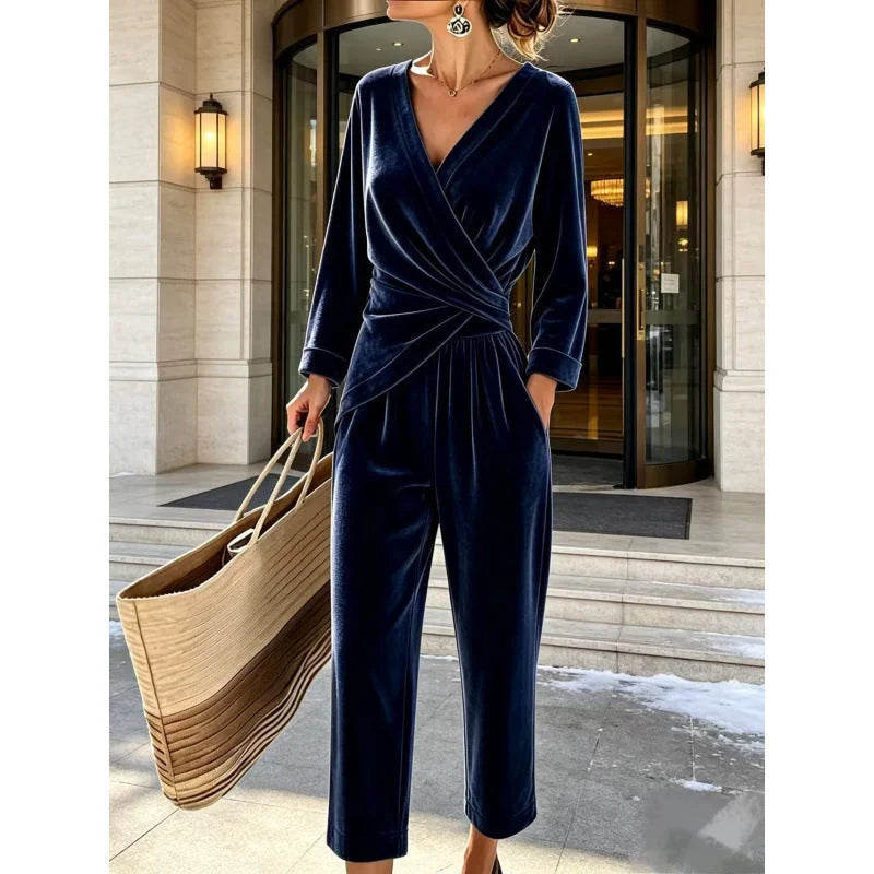 Dark Blue Women's Velvet Jumpsuit with Wrap Top & Wide Ankle-Length Leg - Model Walking