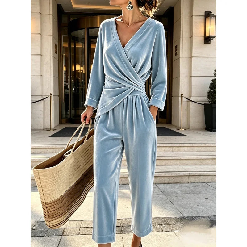Light Blue Women's Velvet Jumpsuit with Wrap Top & Wide Ankle-Length Leg — Marielle - Close Up Torso