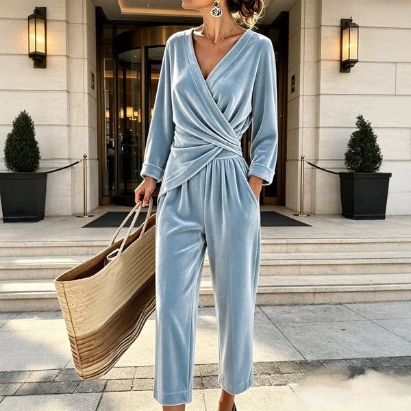Women's Velvet Jumpsuit with Wrap Top & Wide Ankle-Length Leg — Marielle