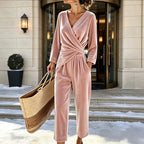 Women's Velvet Jumpsuit with Wrap Top & Wide Ankle-Length Leg - Front Pose