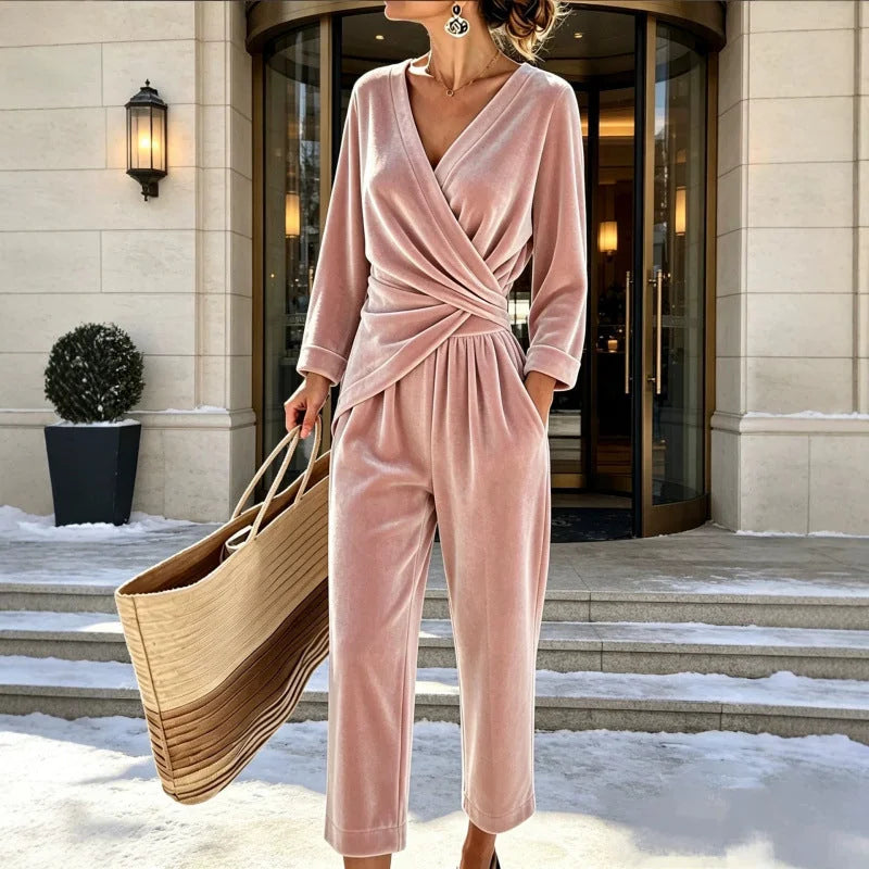 Women's Velvet Jumpsuit with Wrap Top & Wide Ankle-Length Leg - Front Pose