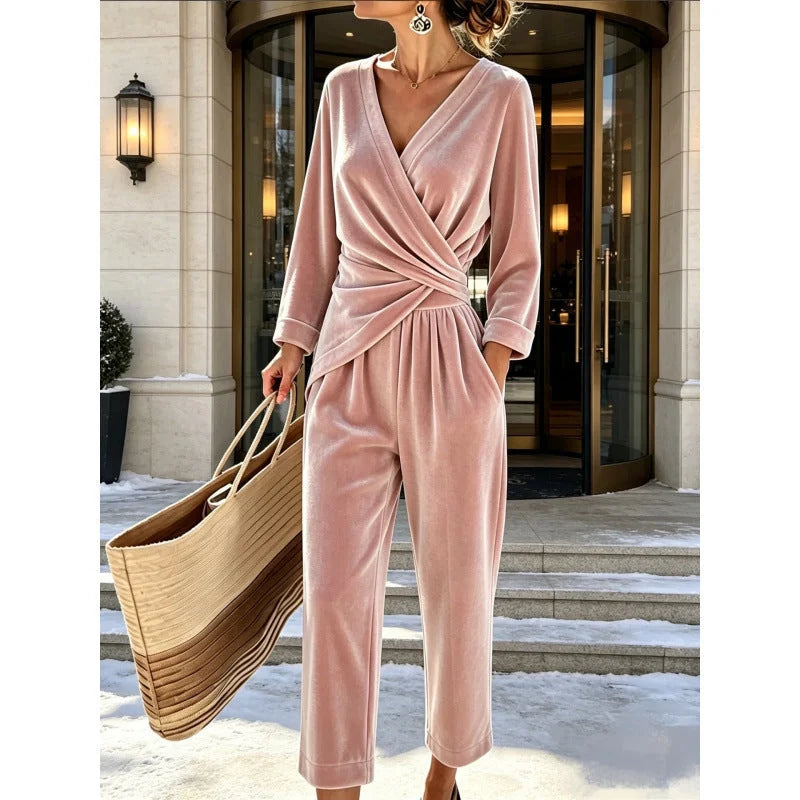 Pink Women's Velvet Jumpsuit with Wrap Top & Wide Ankle-Length Leg