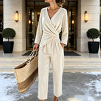 White Women's Velvet Jumpsuit with Wrap Top & Wide Ankle-Length Leg — Marielle - Front Standing