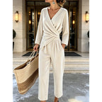 White Women's Velvet Jumpsuit with Wrap Top & Wide Ankle-Length Leg