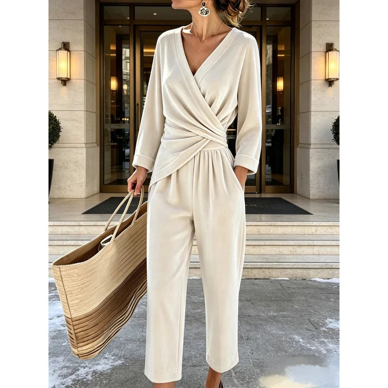 White Women's Velvet Jumpsuit with Wrap Top & Wide Ankle-Length Leg