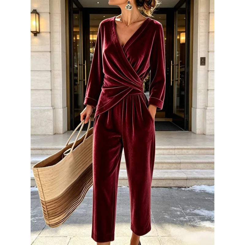 Women's Velvet Jumpsuit with Wrap Top & Wide Ankle-Length Leg - Front Full Pose