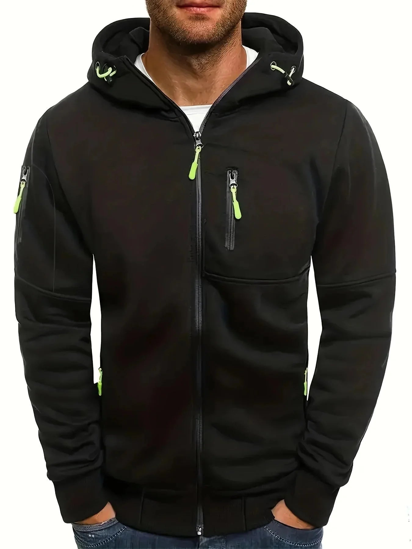 Black Men's Zip-Up Hoodie with Adjustable Hood & Multi-Pocket Design — William