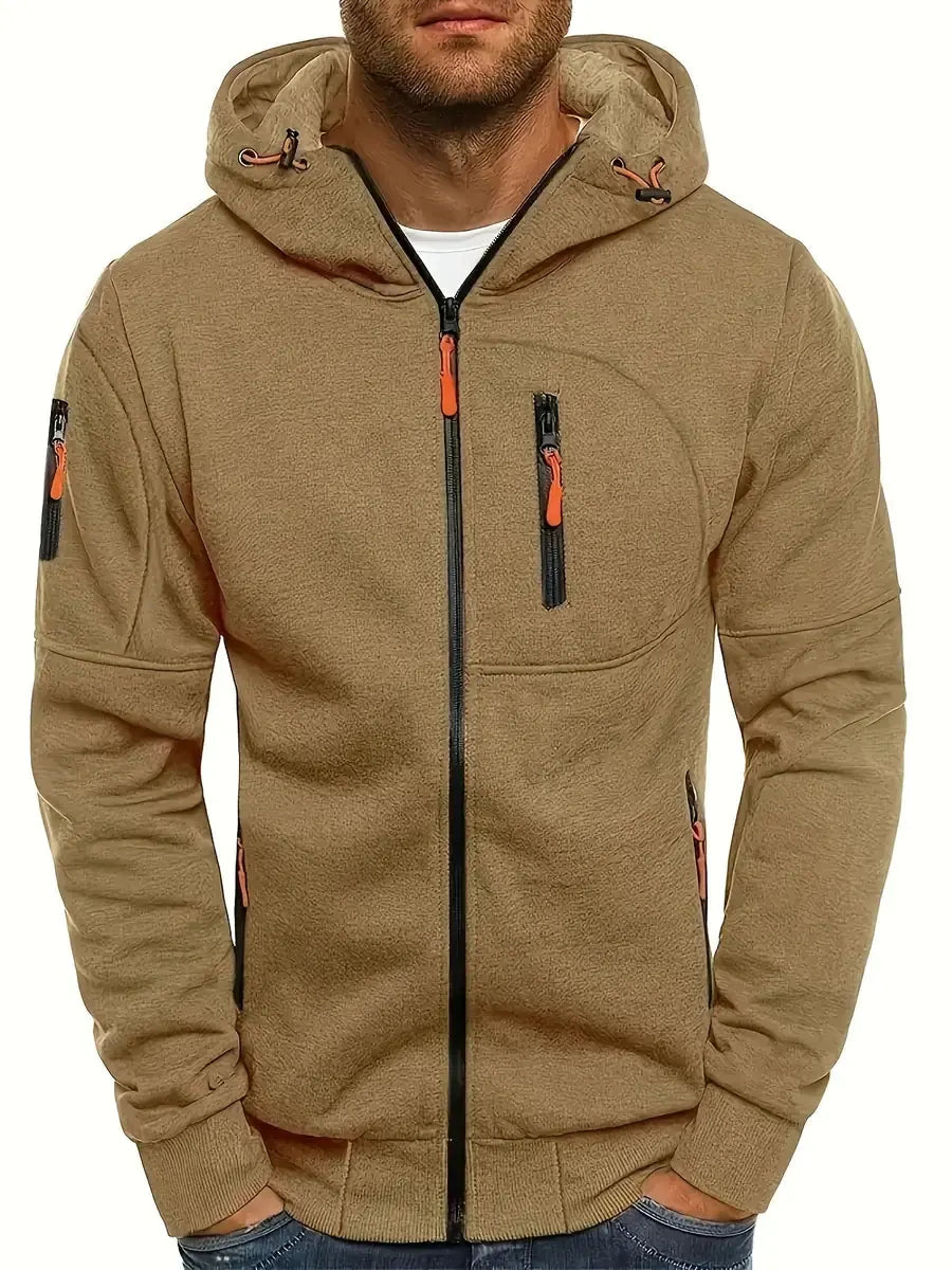 Brown Men's Zip-Up Hoodie with Adjustable Hood & Multi-Pocket Design — William