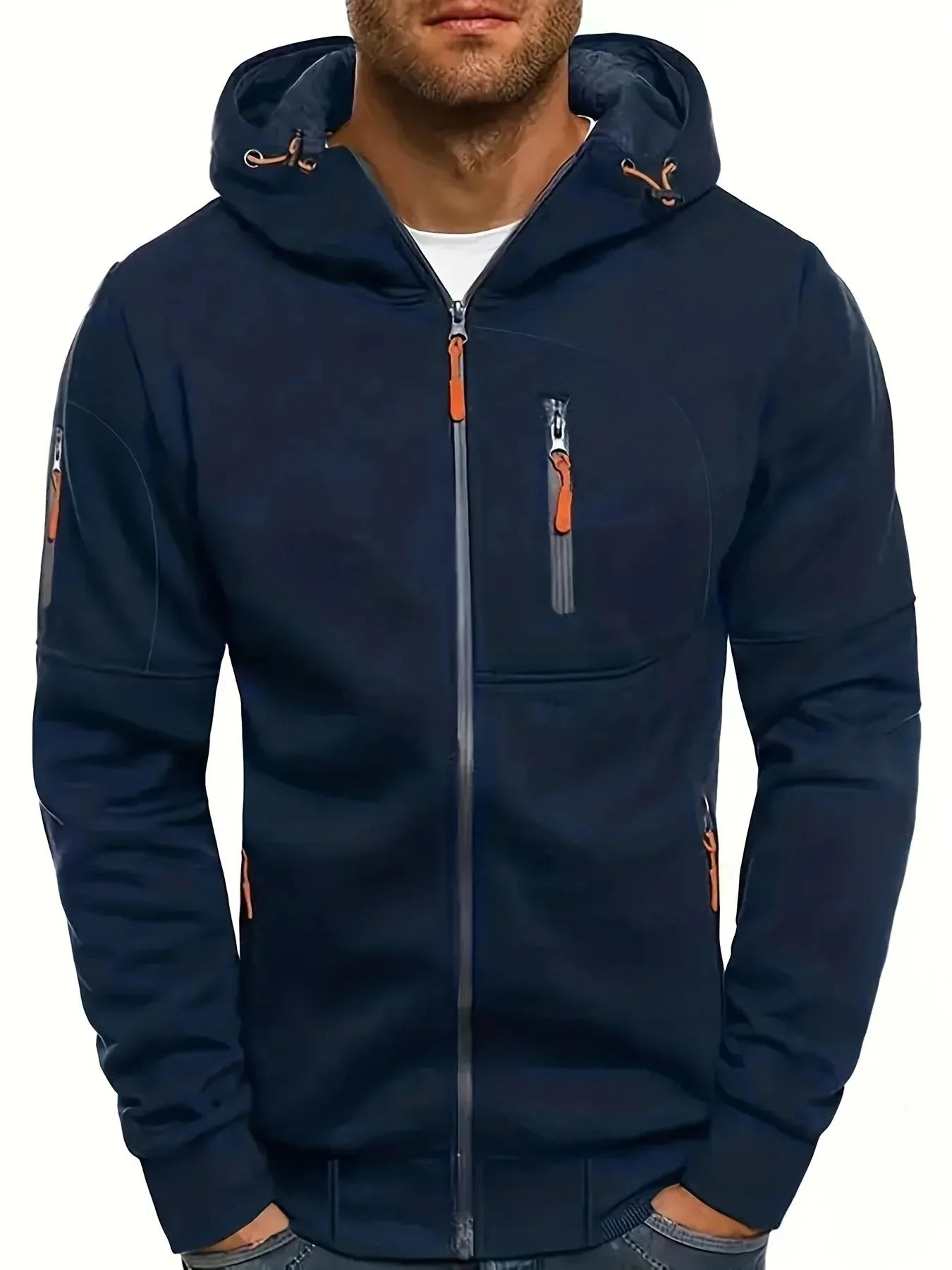 Dark Blue Men's Zip-Up Hoodie with Adjustable Hood & Multi-Pocket Design — William