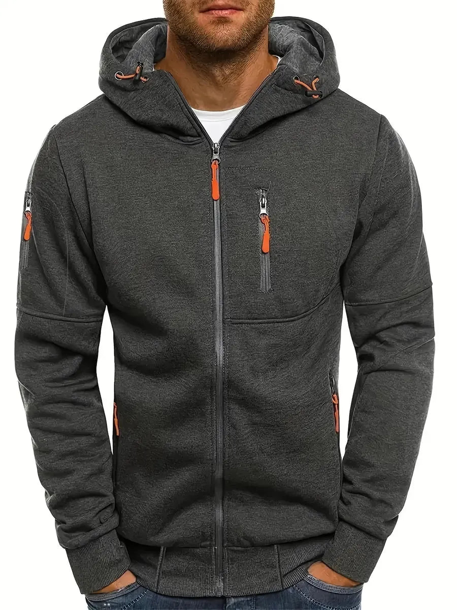 Dark Grey Men's Zip-Up Hoodie with Adjustable Hood & Multi-Pocket Design — William