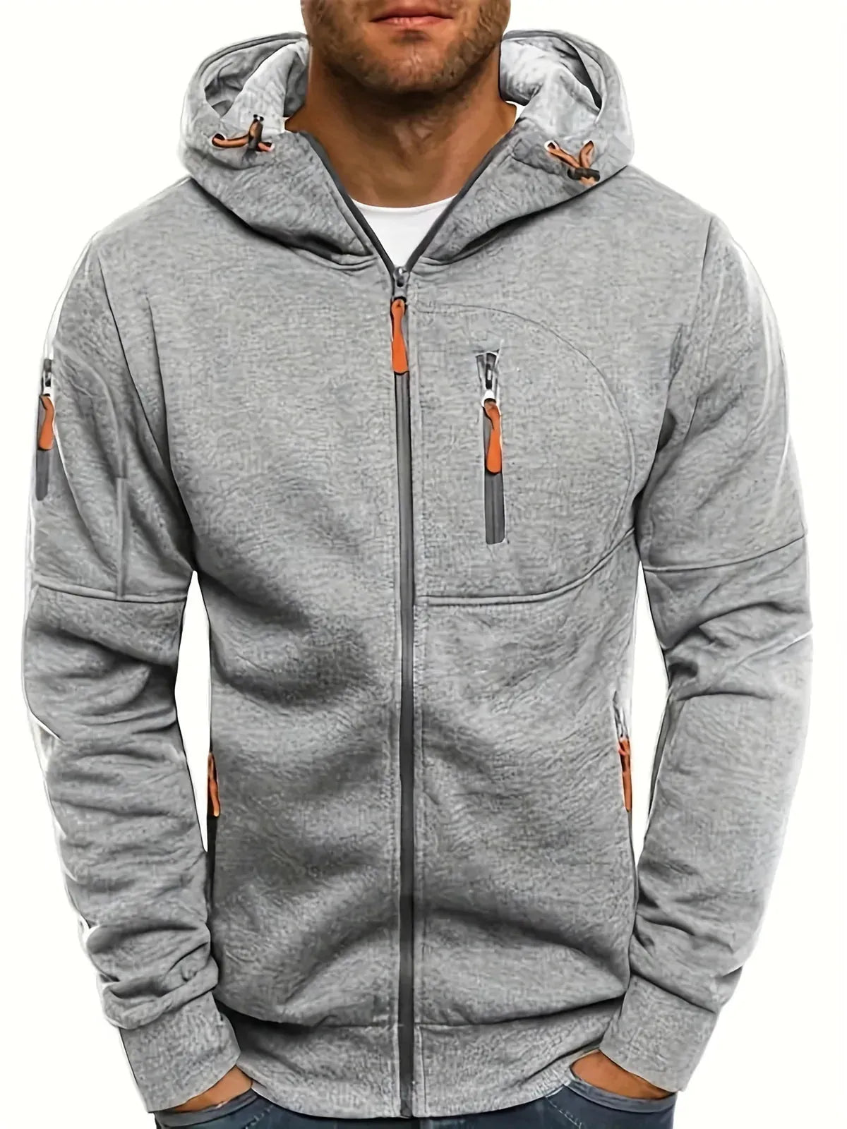Grey Men's Zip-Up Hoodie with Adjustable Hood & Multi-Pocket Design — William
