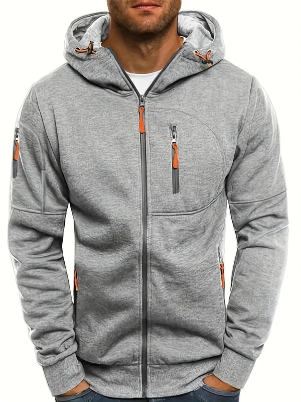 Grey Men's Zip-Up Hoodie with Adjustable Hood & Multi-Pocket Design — William