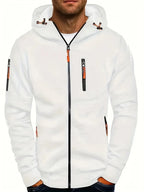 White Men's Zip-Up Hoodie with Adjustable Hood & Multi-Pocket Design — William