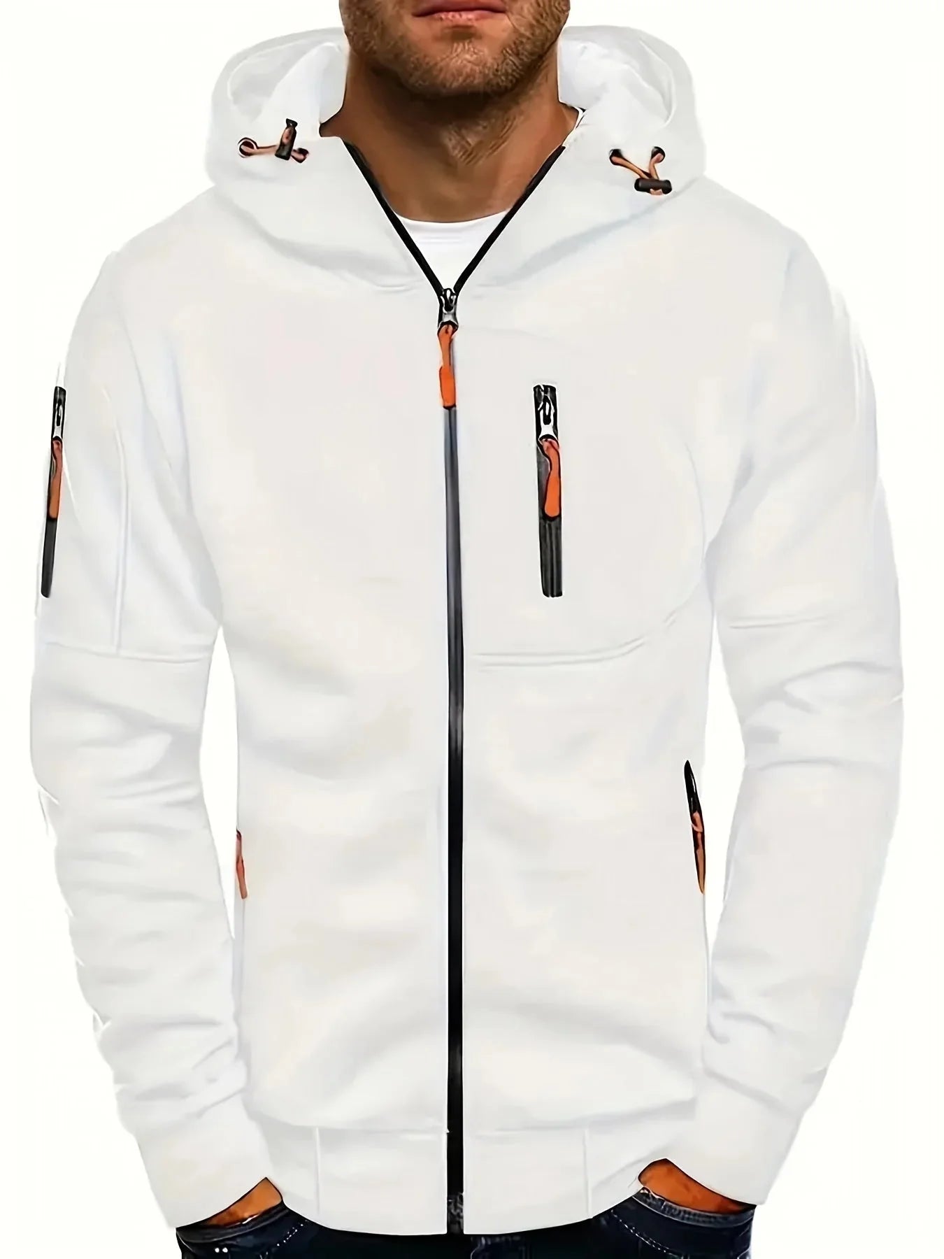 White Men's Zip-Up Hoodie with Adjustable Hood & Multi-Pocket Design — William